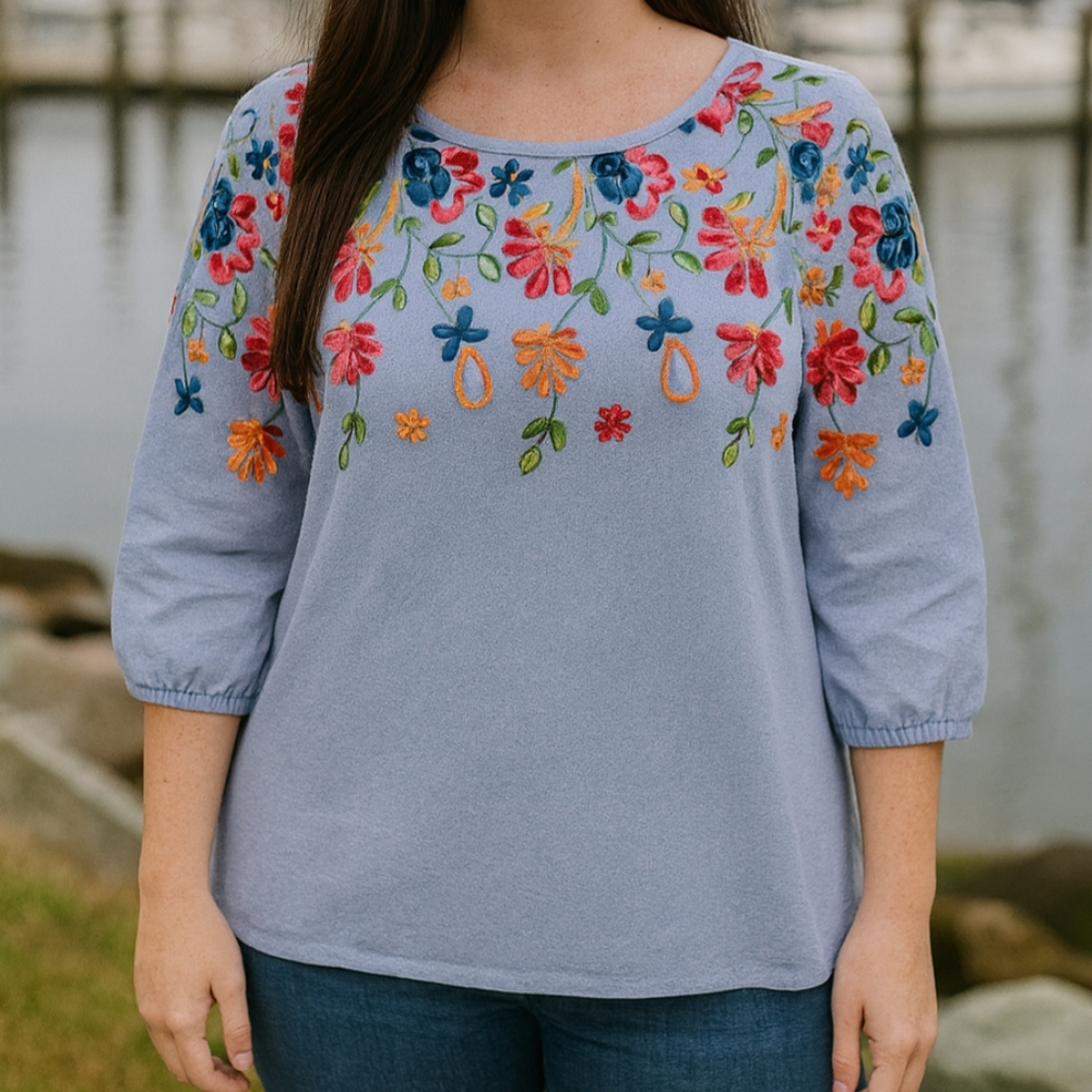 Kindred Boho Tunic Top Womens M Blue Washed Denim Embroidered Floral 3/4 Sleeve